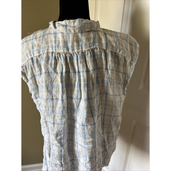 CP Shades Sleeveless Linen Button Blouse Top XS over sized plaid blue tan ivory - Picture 3 of 12